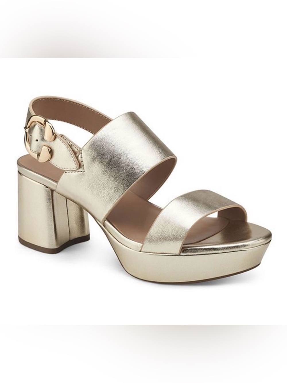AEROSOLES Camera Gold Platform Block Heel Sandal.
